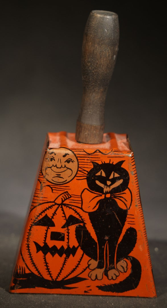 Vintage Halloween Tin Lithograph Bell Noisemaker with Jack-O-Lantern, Black Cat, Man in the Moon, Witch on Broomstick, Bats, and Town Silhouette