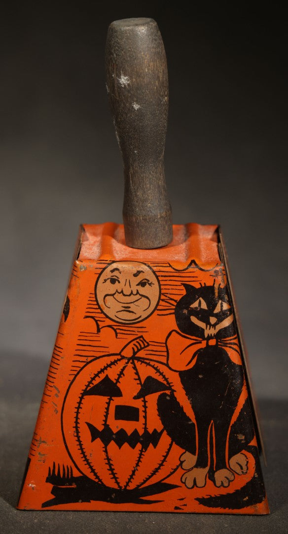 Vintage Halloween Tin Lithograph Bell Noisemaker with Jack-O-Lantern, Black Cat, Man in the Moon, Witch on Broomstick, Bats, and Town Silhouette