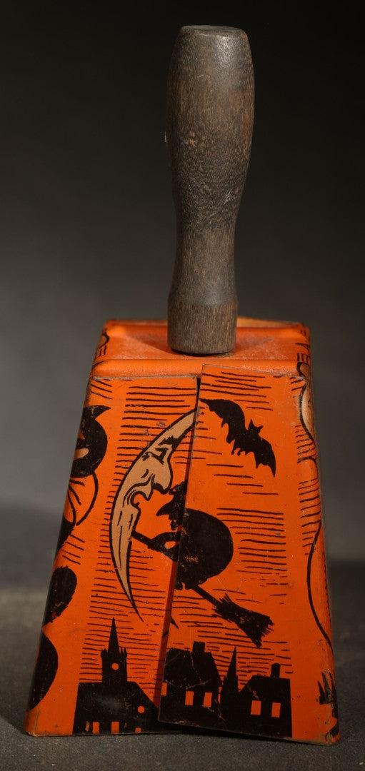 Vintage Halloween Tin Lithograph Bell Noisemaker with Jack-O-Lantern, Black Cat, Man in the Moon, Witch on Broomstick, Bats, and Town Silhouette