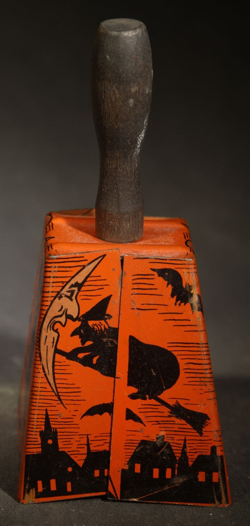 Vintage Halloween Tin Lithograph Bell Noisemaker with Jack-O-Lantern, Black Cat, Man in the Moon, Witch on Broomstick, Bats, and Town Silhouette