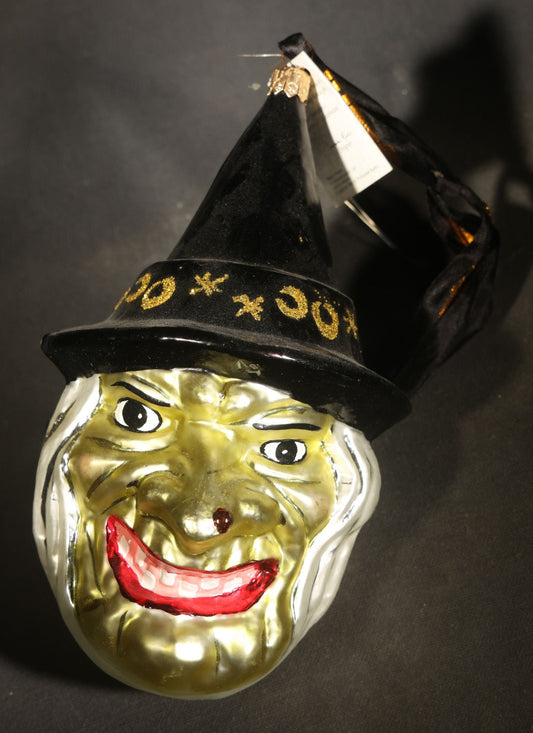 Vintage Christopher Radko Hand-Painted Glass Witch Head Halloween Ornament with Gold Glitter Moon and Star Decorated Hat, Original Tag, Made in Poland, 1996