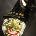 Lot 035 - Vintage Christopher Radko Hand-Painted Glass Witch Head Halloween Ornament with Gold Glitter Moon and Star Decorated Hat, Original Tag, Made in Poland, 1996, 7-1/2" H