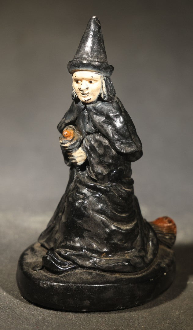 Vintage Chalkware Halloween Witch Figurine with Broom, Circa 1940s