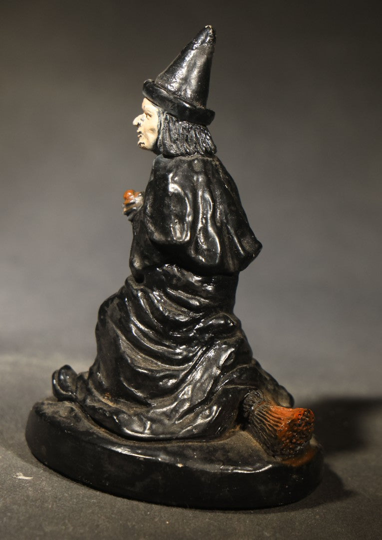 Vintage Chalkware Halloween Witch Figurine with Broom, Circa 1940s