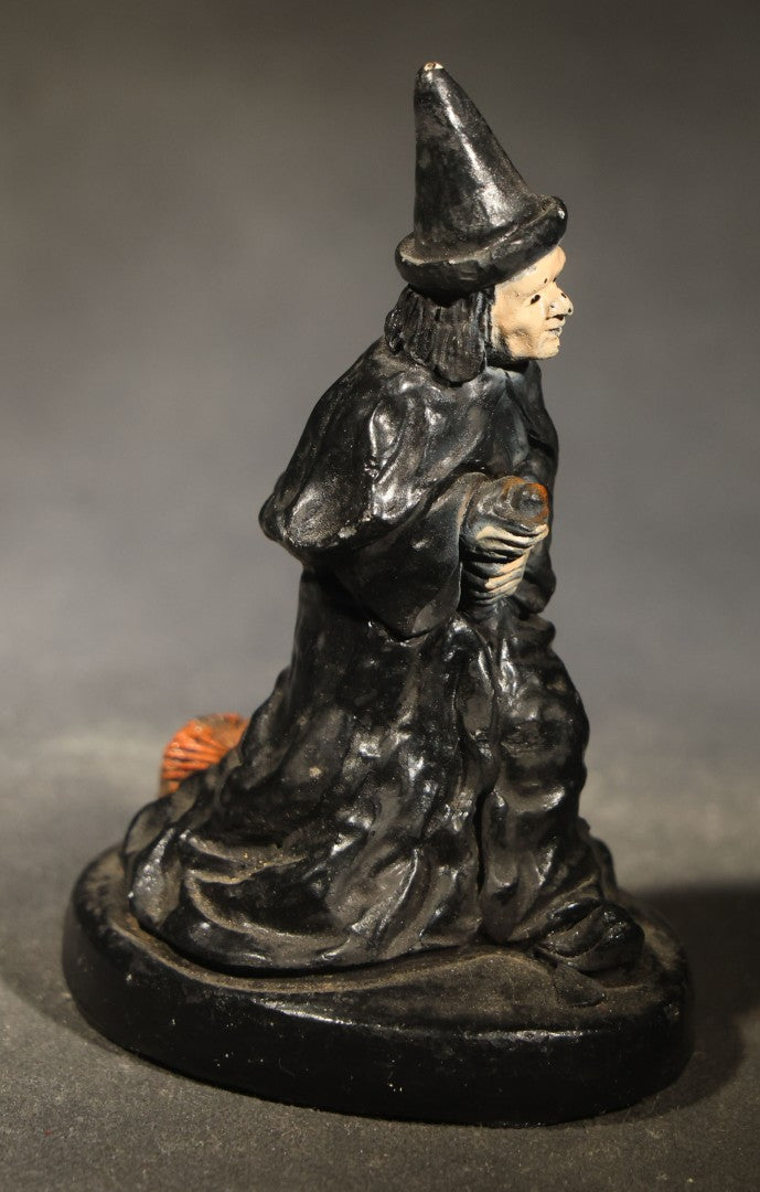 Vintage Chalkware Halloween Witch Figurine with Broom, Circa 1940s