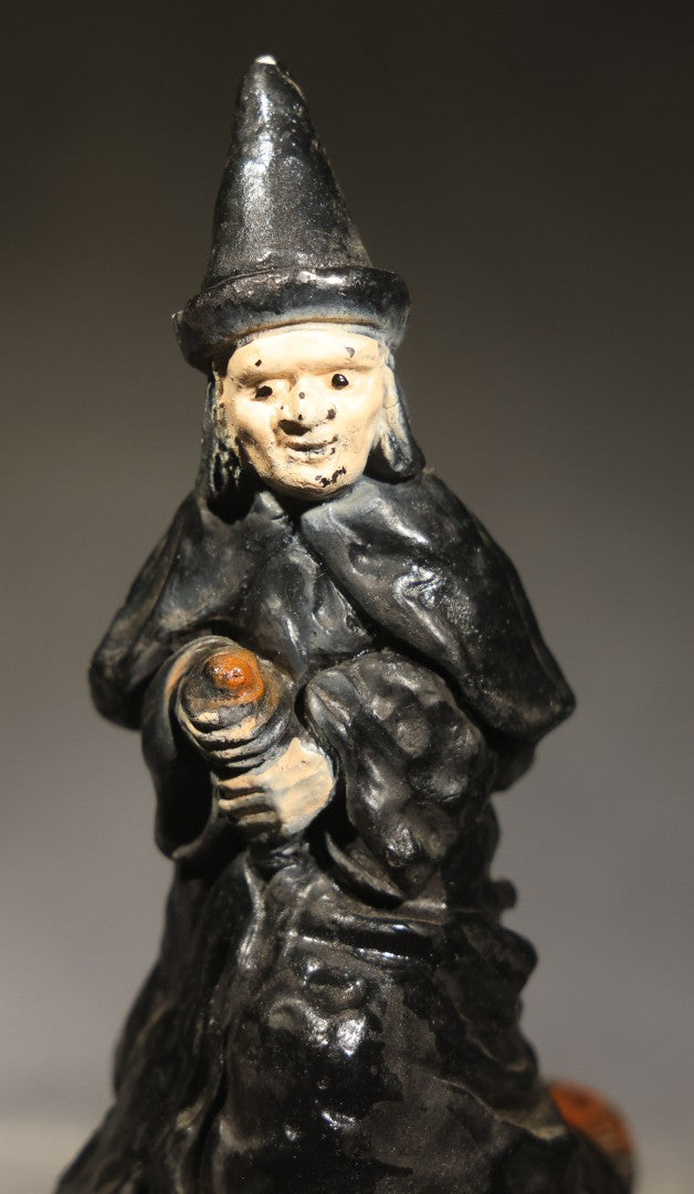Vintage Chalkware Halloween Witch Figurine with Broom, Circa 1940s