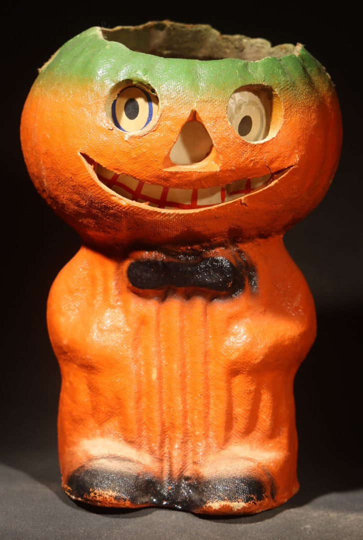 Vintage Papier-Mache / Paper Pulp Halloween Grinning Jack-O-Lantern Pumpkin Man Lantern with Black Bow Tie and Original Paper Insert