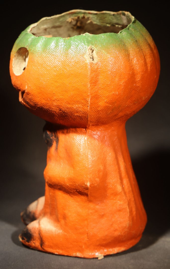 Vintage Papier-Mache / Paper Pulp Halloween Grinning Jack-O-Lantern Pumpkin Man Lantern with Black Bow Tie and Original Paper Insert
