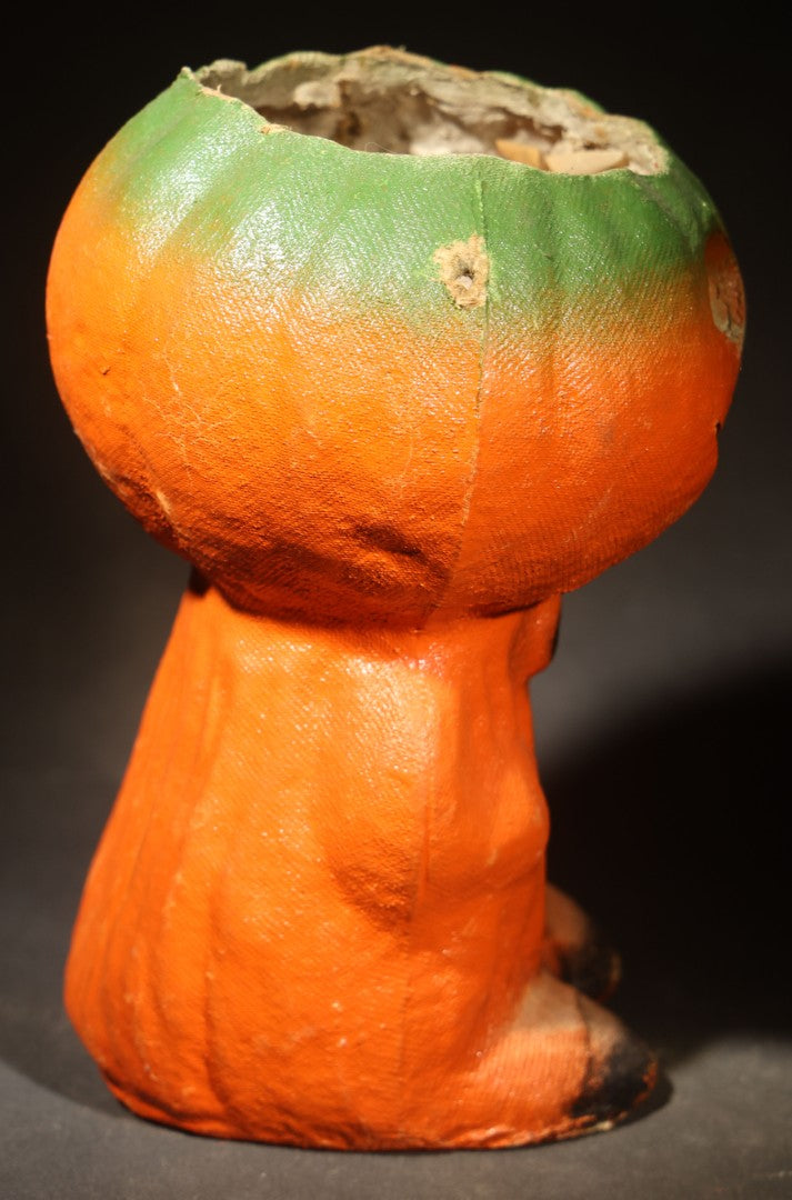 Vintage Papier-Mache / Paper Pulp Halloween Grinning Jack-O-Lantern Pumpkin Man Lantern with Black Bow Tie and Original Paper Insert