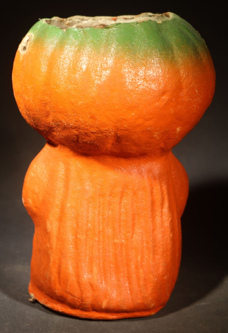 Vintage Papier-Mache / Paper Pulp Halloween Grinning Jack-O-Lantern Pumpkin Man Lantern with Black Bow Tie and Original Paper Insert