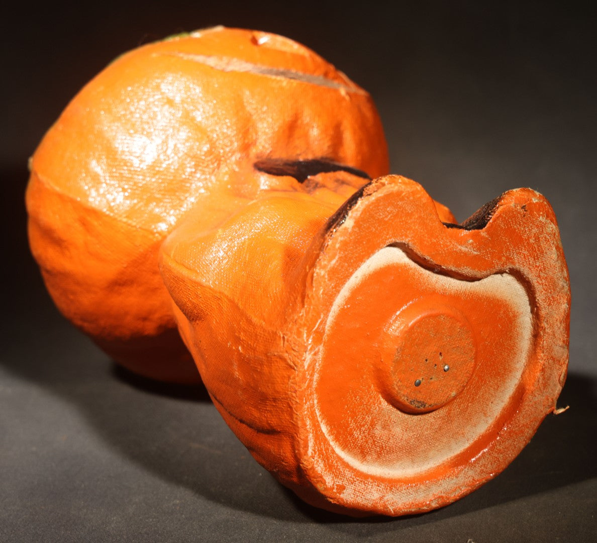 Vintage Papier-Mache / Paper Pulp Halloween Grinning Jack-O-Lantern Pumpkin Man Lantern with Black Bow Tie and Original Paper Insert