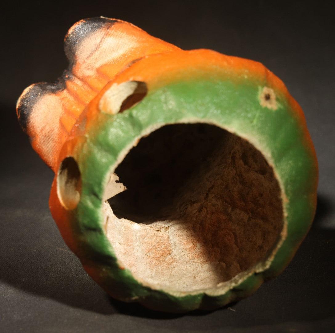 Vintage Papier-Mache / Paper Pulp Halloween Grinning Jack-O-Lantern Pumpkin Man Lantern with Black Bow Tie and Original Paper Insert