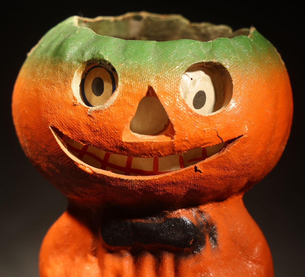 Vintage Papier-Mache / Paper Pulp Halloween Grinning Jack-O-Lantern Pumpkin Man Lantern with Black Bow Tie and Original Paper Insert