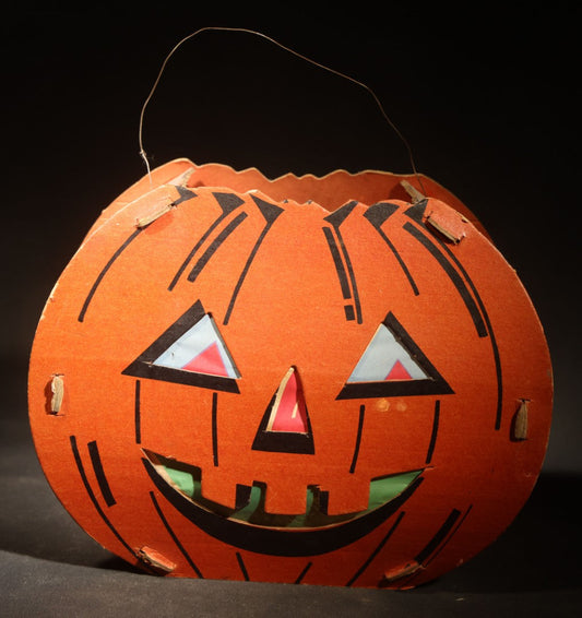 Vintage Slot-and-Tab Cardboard Jack-O-Lantern Pumpkin Lantern with Wire Handle, Tissue Paper Inserts, and Interior Candle Socket, Manufactured by Dolly Toy Company, Dayton, Ohio, Circa 1930s-1950s