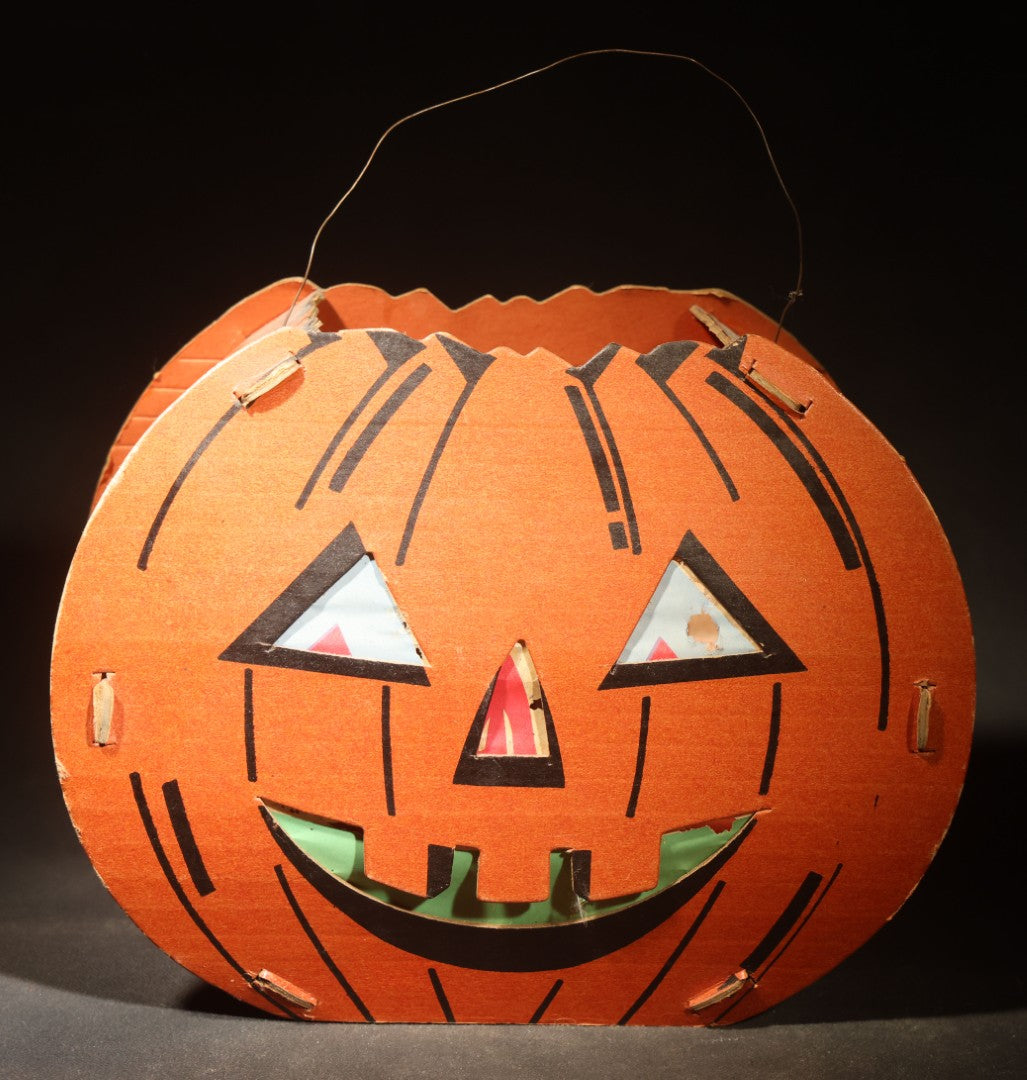 Vintage Slot-and-Tab Cardboard Jack-O-Lantern Pumpkin Lantern with Wire Handle, Tissue Paper Inserts, and Interior Candle Socket, Manufactured by Dolly Toy Company, Dayton, Ohio, Circa 1930s-1950s