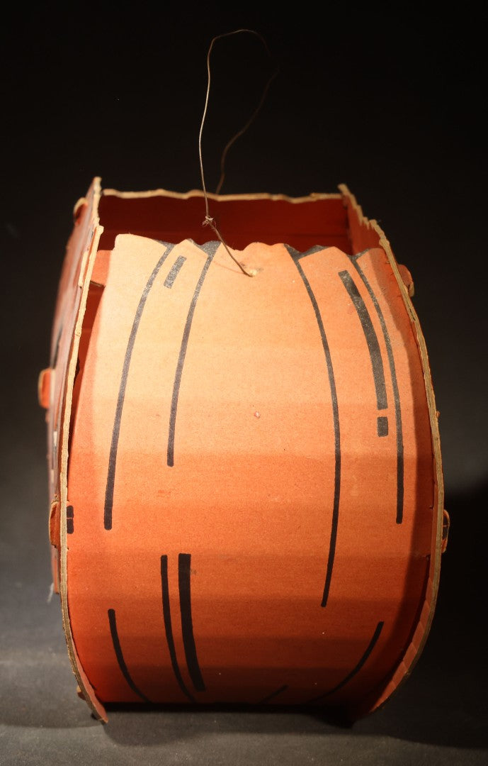Vintage Slot-and-Tab Cardboard Jack-O-Lantern Pumpkin Lantern with Wire Handle, Tissue Paper Inserts, and Interior Candle Socket, Manufactured by Dolly Toy Company, Dayton, Ohio, Circa 1930s-1950s
