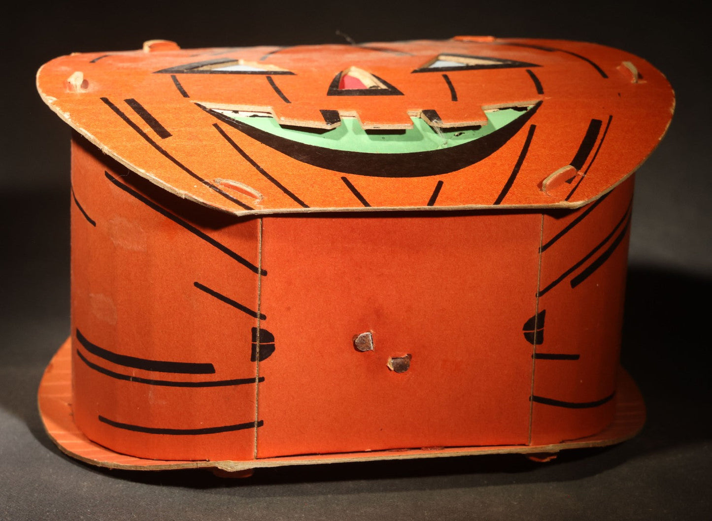 Vintage Slot-and-Tab Cardboard Jack-O-Lantern Pumpkin Lantern with Wire Handle, Tissue Paper Inserts, and Interior Candle Socket, Manufactured by Dolly Toy Company, Dayton, Ohio, Circa 1930s-1950s