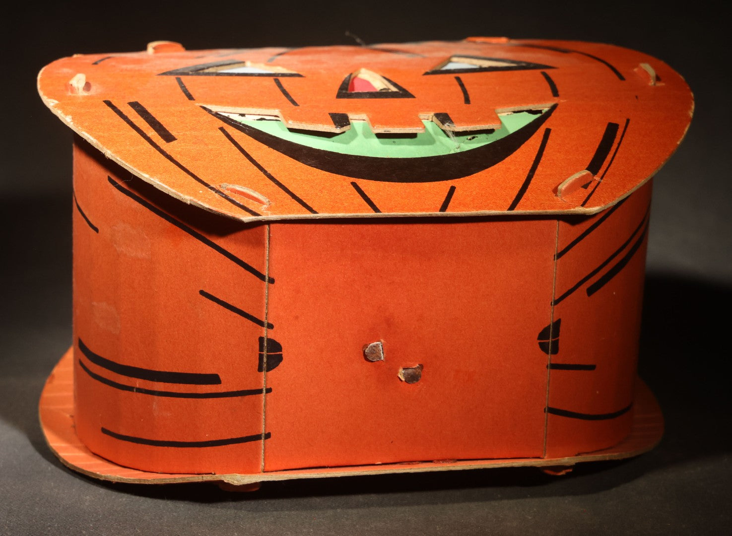 Vintage Slot-and-Tab Cardboard Jack-O-Lantern Pumpkin Lantern with Wire Handle, Tissue Paper Inserts, and Interior Candle Socket, Manufactured by Dolly Toy Company, Dayton, Ohio, Circa 1930s-1950s