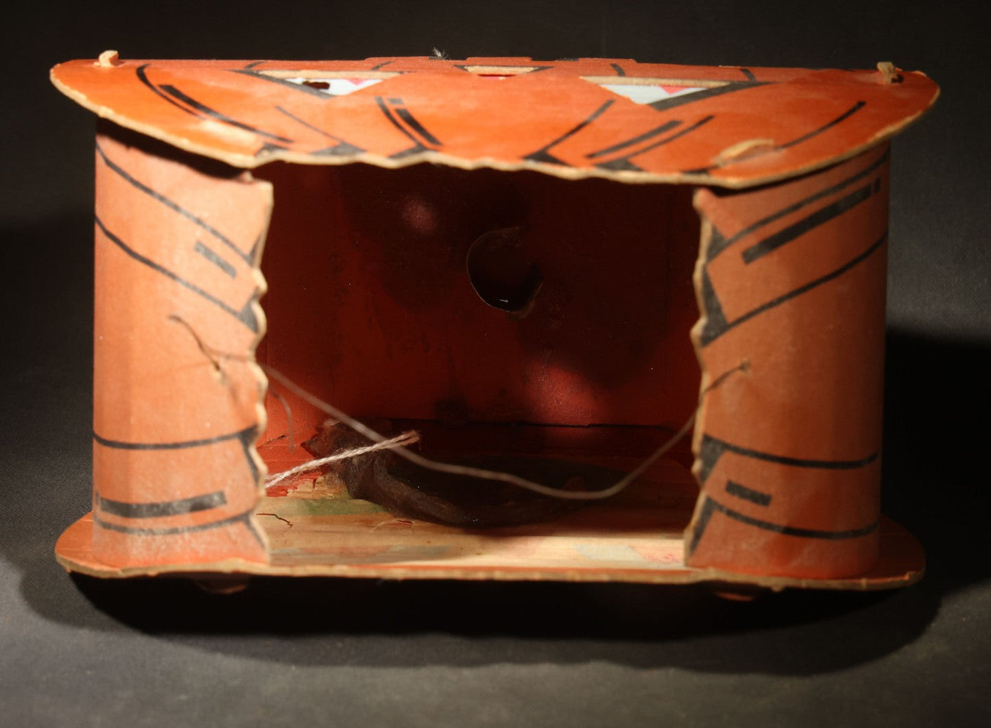 Vintage Slot-and-Tab Cardboard Jack-O-Lantern Pumpkin Lantern with Wire Handle, Tissue Paper Inserts, and Interior Candle Socket, Manufactured by Dolly Toy Company, Dayton, Ohio, Circa 1930s-1950s