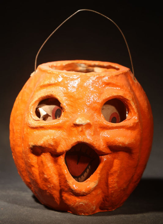Vintage Papier-Mache / Paper Pulp Halloween Double-Sided Choir Boy Jack-O-Lantern Pumpkin Lantern with Remnants of Original Paper Inserts