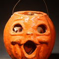 Lot 040 - Vintage Papier-Mache / Paper Pulp Halloween Double-Sided Choir Boy Jack-O-Lantern Pumpkin Lantern with Remnants of Original Paper Inserts, 4-1/2" H