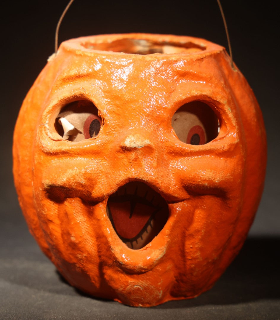 Vintage Papier-Mache / Paper Pulp Halloween Double-Sided Choir Boy Jack-O-Lantern Pumpkin Lantern with Remnants of Original Paper Inserts