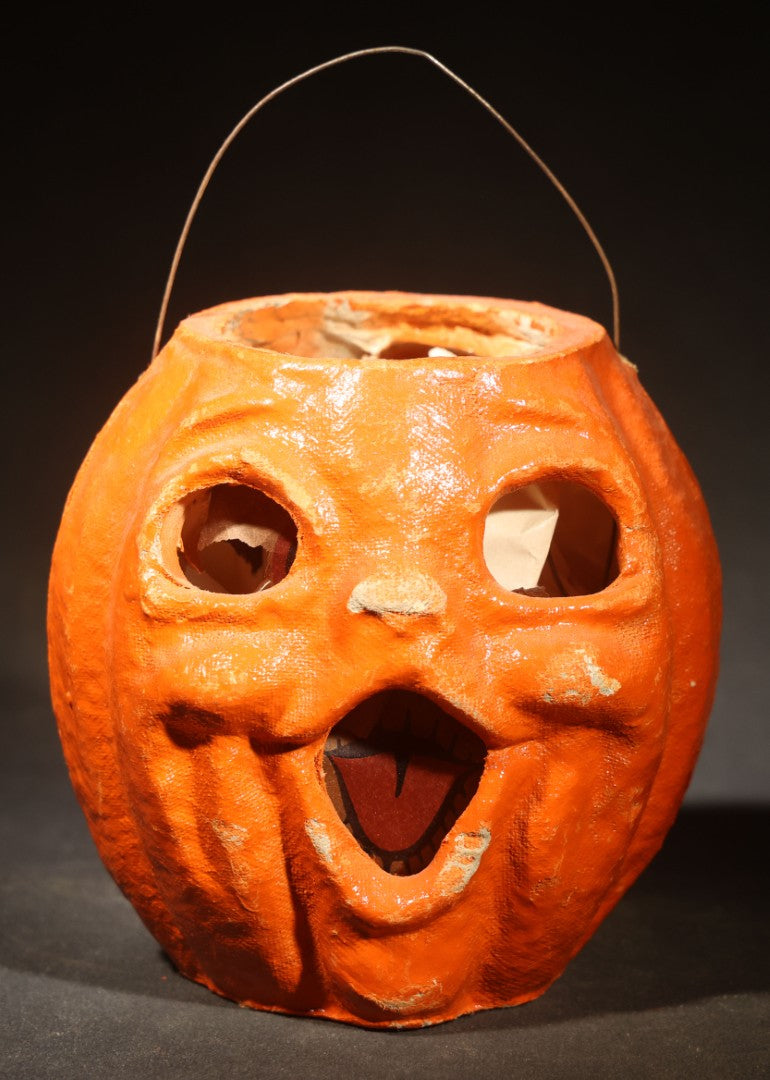 Vintage Papier-Mache / Paper Pulp Halloween Double-Sided Choir Boy Jack-O-Lantern Pumpkin Lantern with Remnants of Original Paper Inserts