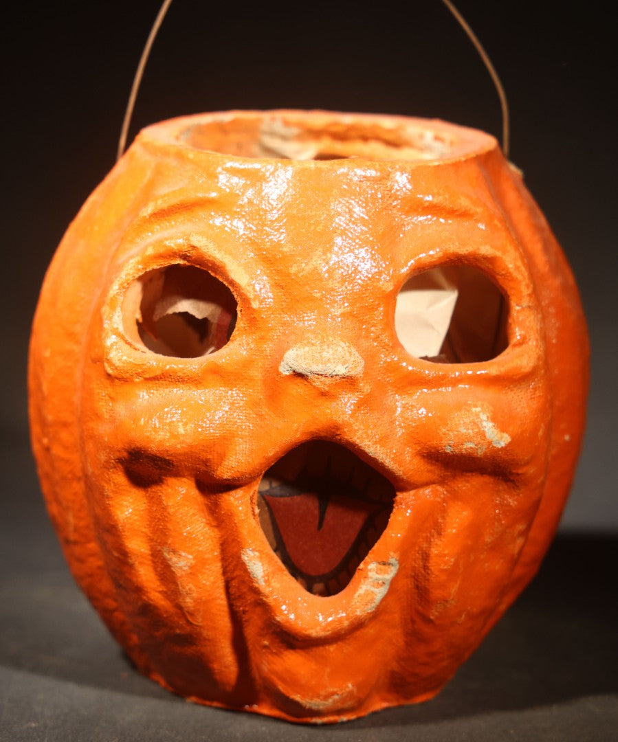 Vintage Papier-Mache / Paper Pulp Halloween Double-Sided Choir Boy Jack-O-Lantern Pumpkin Lantern with Remnants of Original Paper Inserts
