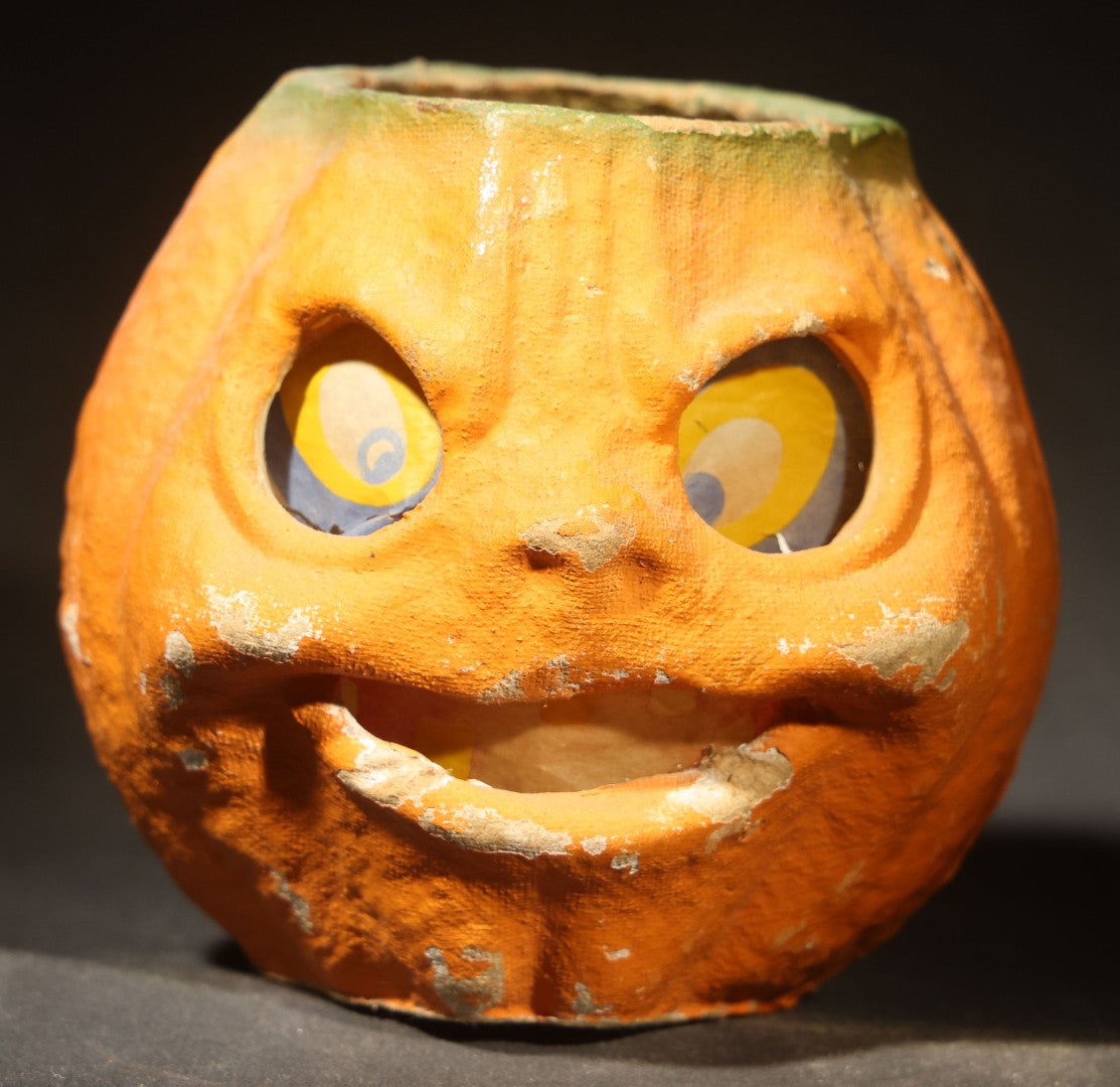 Vintage Papier-Mache / Paper Pulp Halloween Grimacing Furrowed Brow Jack-O-Lantern Pumpkin Lantern with Original Faded Paper Insert