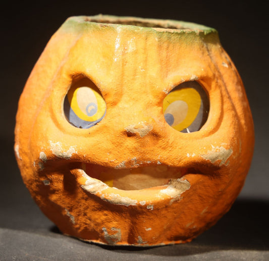 Vintage Papier-Mache / Paper Pulp Halloween Grimacing Furrowed Brow Jack-O-Lantern Pumpkin Lantern with Original Faded Paper Insert