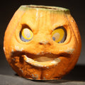 Lot 041 - Vintage Papier-Mache / Paper Pulp Halloween Grimacing Furrowed Brow Jack-O-Lantern Pumpkin Lantern with Original Faded Paper Insert, 4-1/4" H
