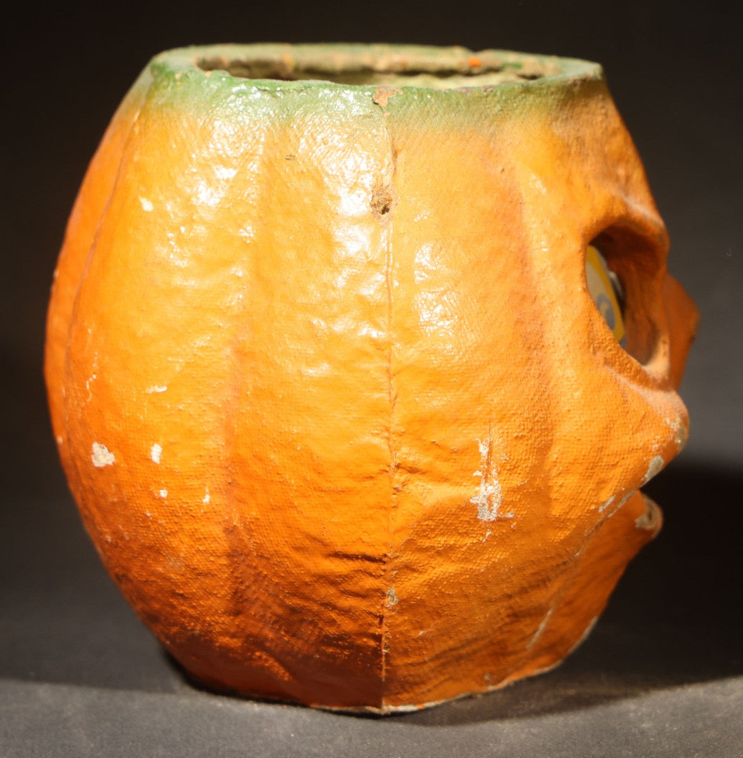 Vintage Papier-Mache / Paper Pulp Halloween Grimacing Furrowed Brow Jack-O-Lantern Pumpkin Lantern with Original Faded Paper Insert