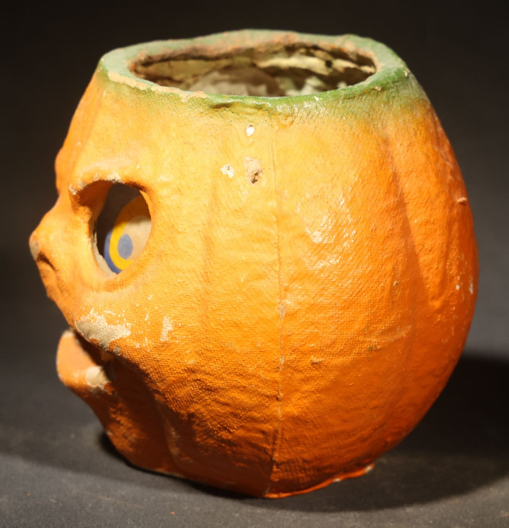 Vintage Papier-Mache / Paper Pulp Halloween Grimacing Furrowed Brow Jack-O-Lantern Pumpkin Lantern with Original Faded Paper Insert