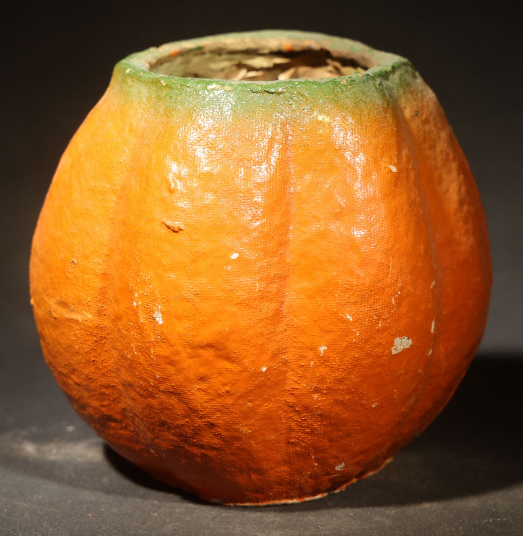 Vintage Papier-Mache / Paper Pulp Halloween Grimacing Furrowed Brow Jack-O-Lantern Pumpkin Lantern with Original Faded Paper Insert