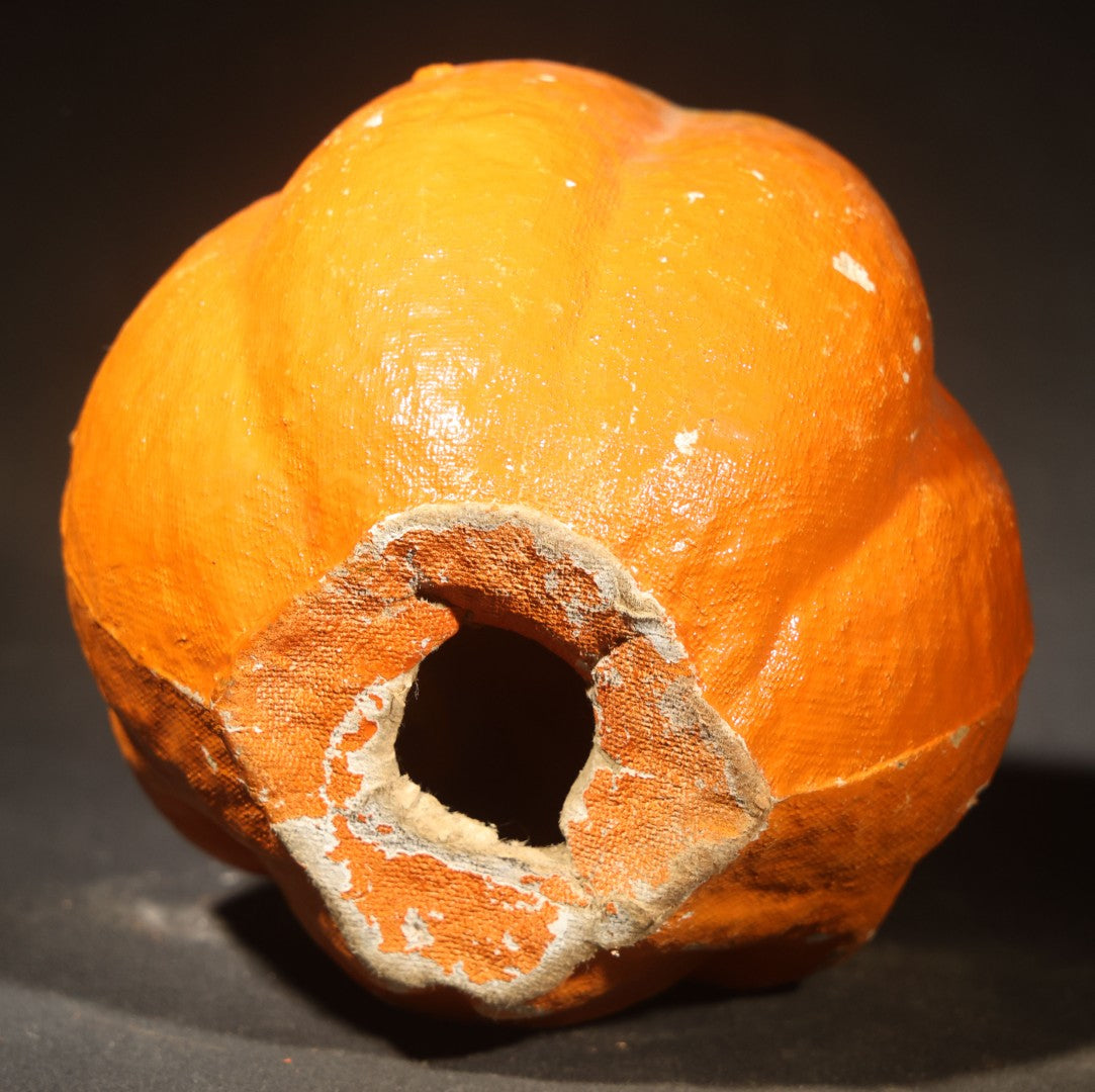 Vintage Papier-Mache / Paper Pulp Halloween Grimacing Furrowed Brow Jack-O-Lantern Pumpkin Lantern with Original Faded Paper Insert