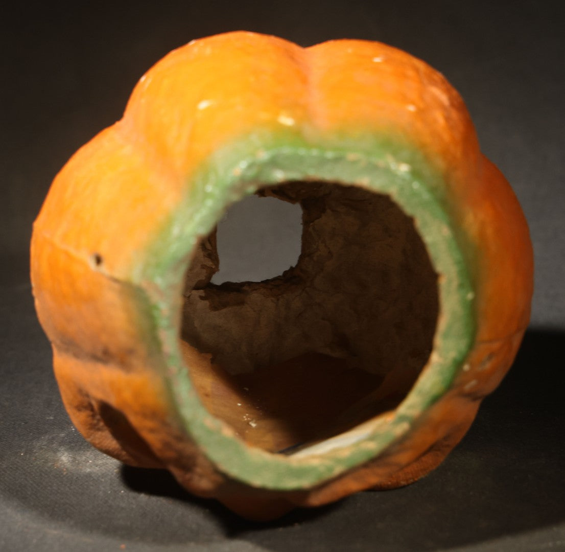 Vintage Papier-Mache / Paper Pulp Halloween Grimacing Furrowed Brow Jack-O-Lantern Pumpkin Lantern with Original Faded Paper Insert