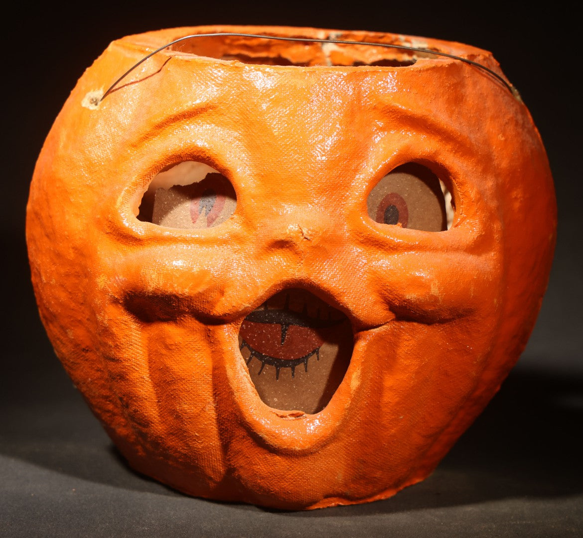 Vintage Papier-Mache / Paper Pulp Halloween Double-Sided Choir Boy Jack-O-Lantern Pumpkin Lantern with Wire Bail Handle and Remnants of Original Paper Inserts