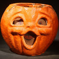 Lot 042 - Vintage Papier-Mache / Paper Pulp Halloween Double-Sided Choir Boy Jack-O-Lantern Pumpkin Lantern with Wire Bail Handle and Remnants of Original Paper Inserts, 5-1/2" H