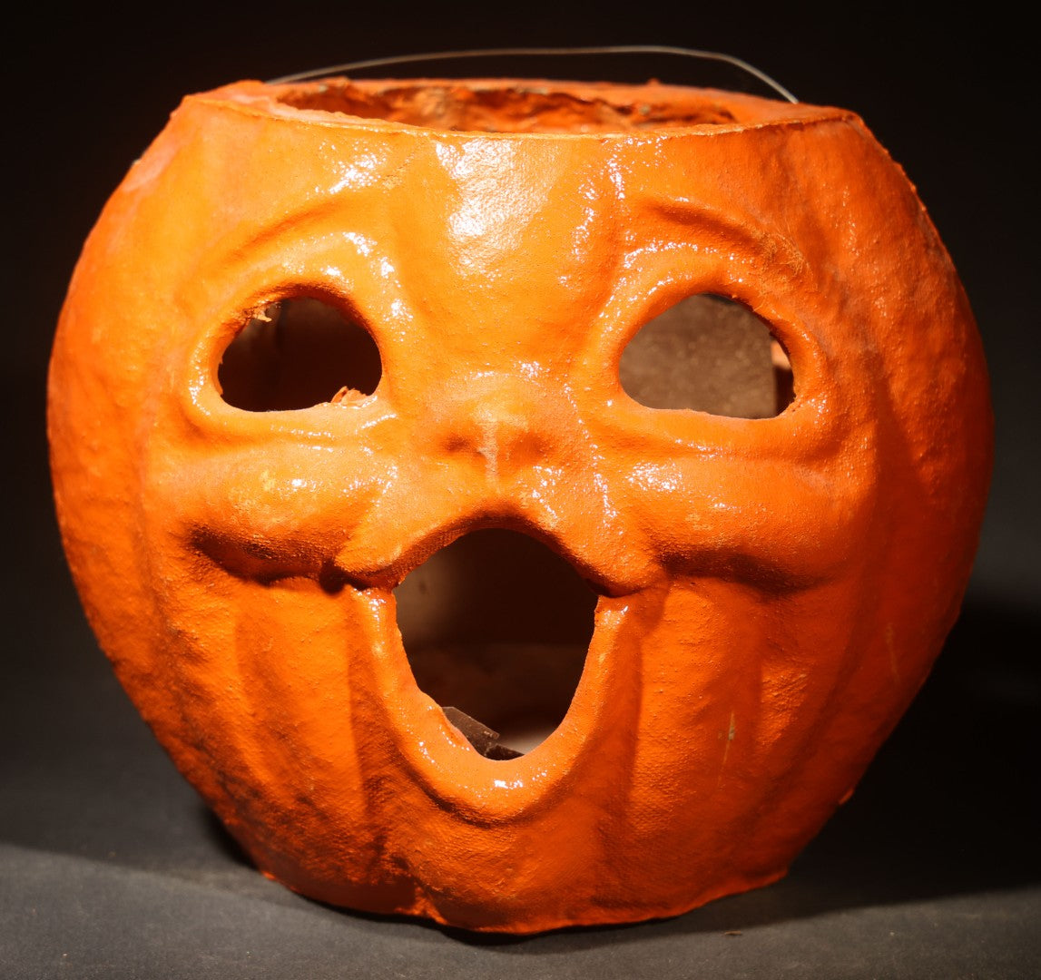 Vintage Papier-Mache / Paper Pulp Halloween Double-Sided Choir Boy Jack-O-Lantern Pumpkin Lantern with Wire Bail Handle and Remnants of Original Paper Inserts