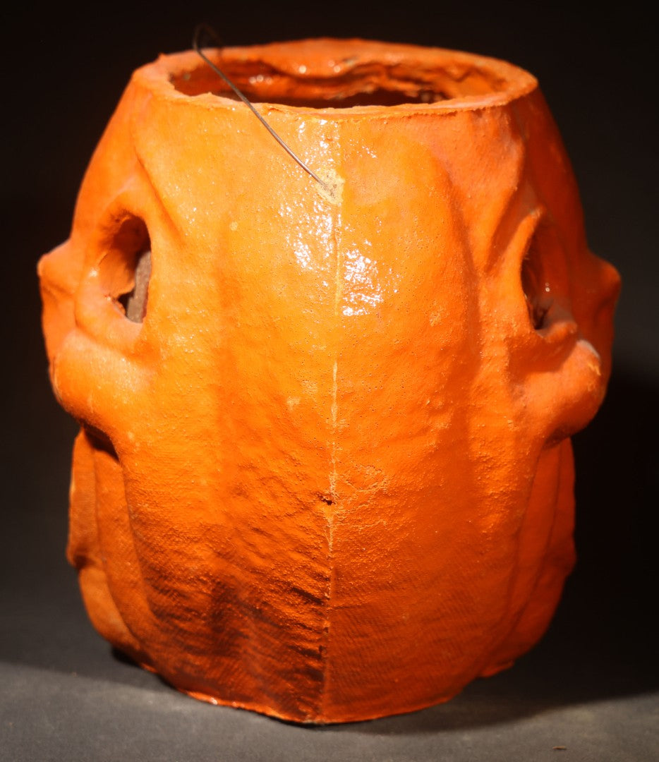 Vintage Papier-Mache / Paper Pulp Halloween Double-Sided Choir Boy Jack-O-Lantern Pumpkin Lantern with Wire Bail Handle and Remnants of Original Paper Inserts