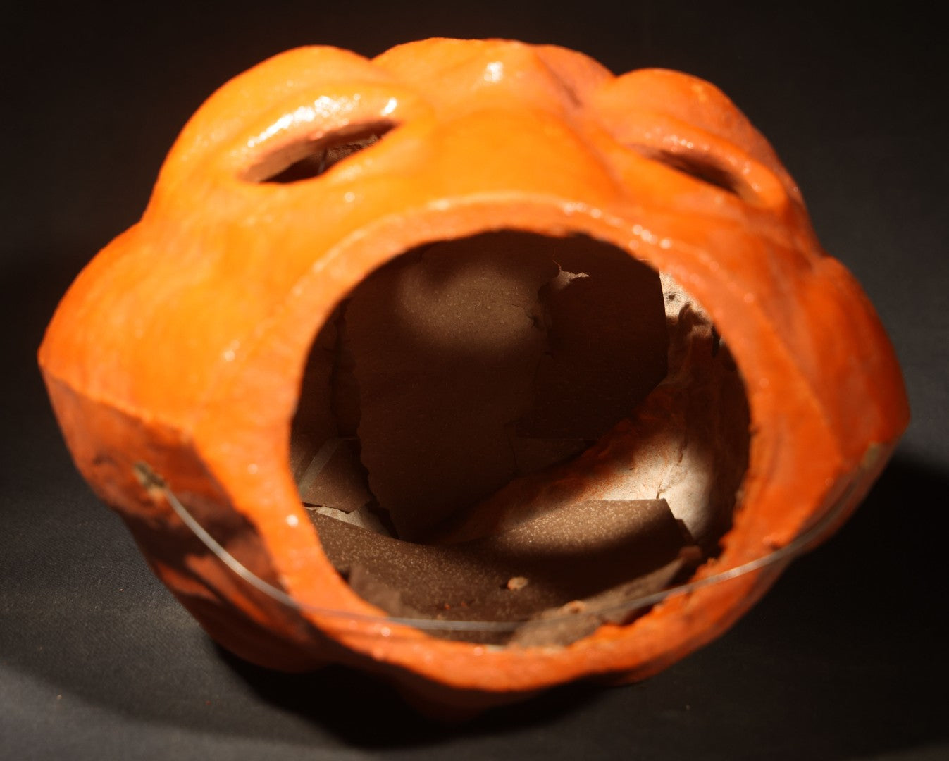 Vintage Papier-Mache / Paper Pulp Halloween Double-Sided Choir Boy Jack-O-Lantern Pumpkin Lantern with Wire Bail Handle and Remnants of Original Paper Inserts