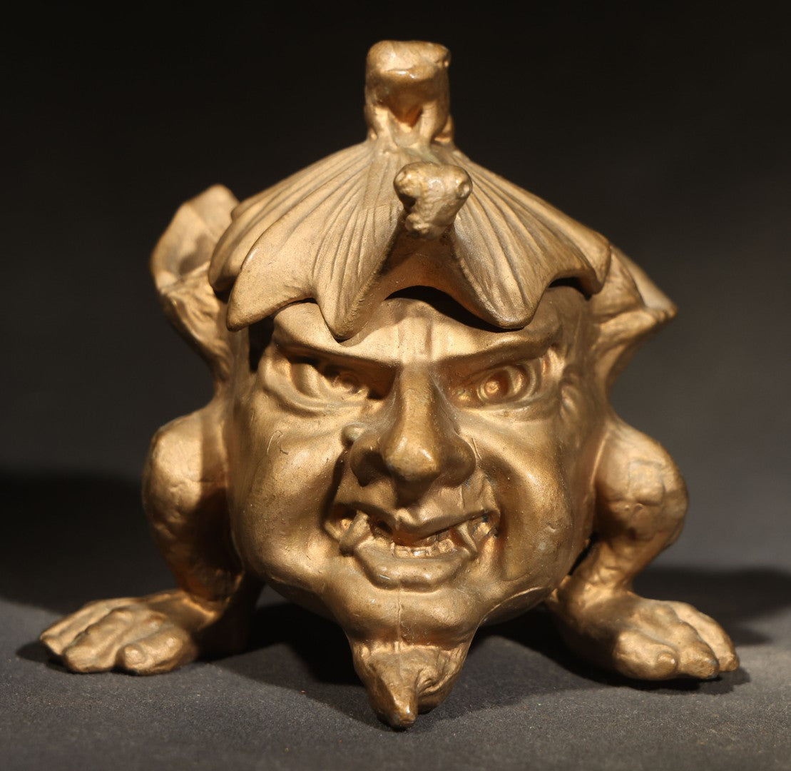 Vintage Reproduction Cast Metal Imp Inkwell and Pen Rest with Bat-Wing Lid and Frog Finial, Repainted Gold