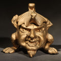 Lot 044 - Vintage Reproduction Cast Metal Imp Inkwell and Pen Rest with Bat-Wing Lid and Frog Finial, Repainted Gold, 4" H