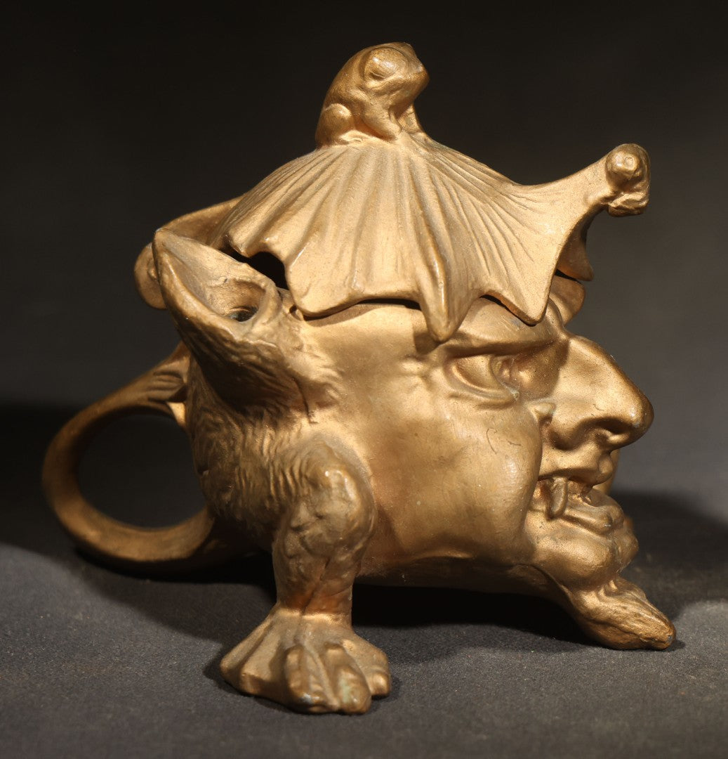 Vintage Reproduction Cast Metal Imp Inkwell and Pen Rest with Bat-Wing Lid and Frog Finial, Repainted Gold
