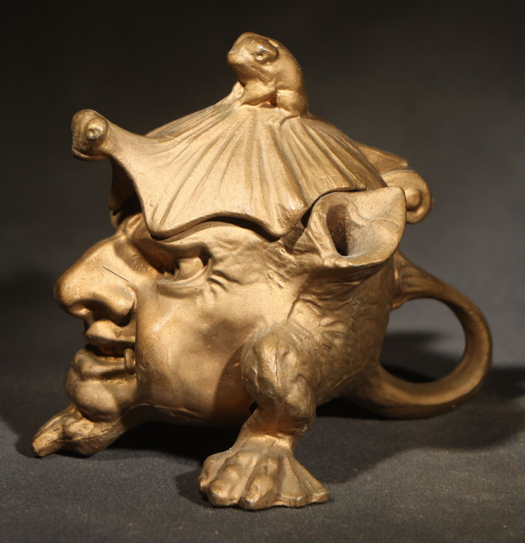 Vintage Reproduction Cast Metal Imp Inkwell and Pen Rest with Bat-Wing Lid and Frog Finial, Repainted Gold