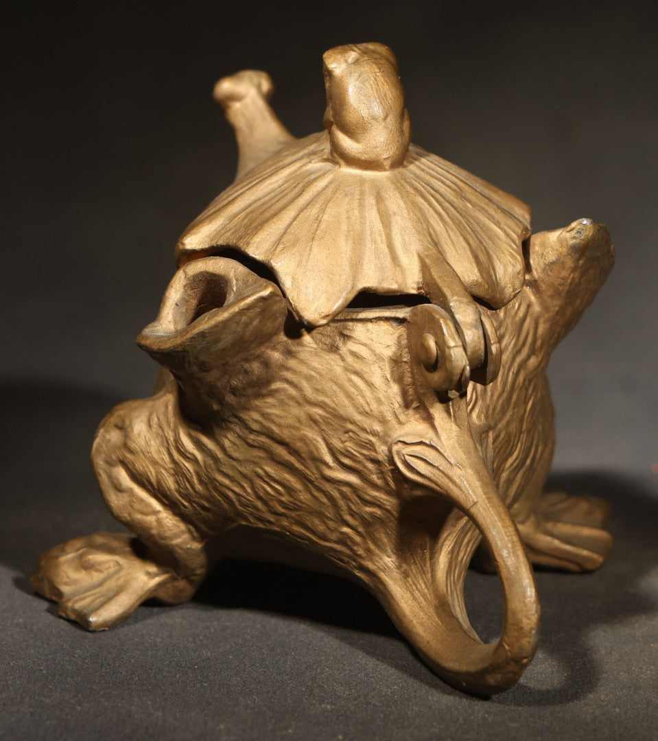 Vintage Reproduction Cast Metal Imp Inkwell and Pen Rest with Bat-Wing Lid and Frog Finial, Repainted Gold