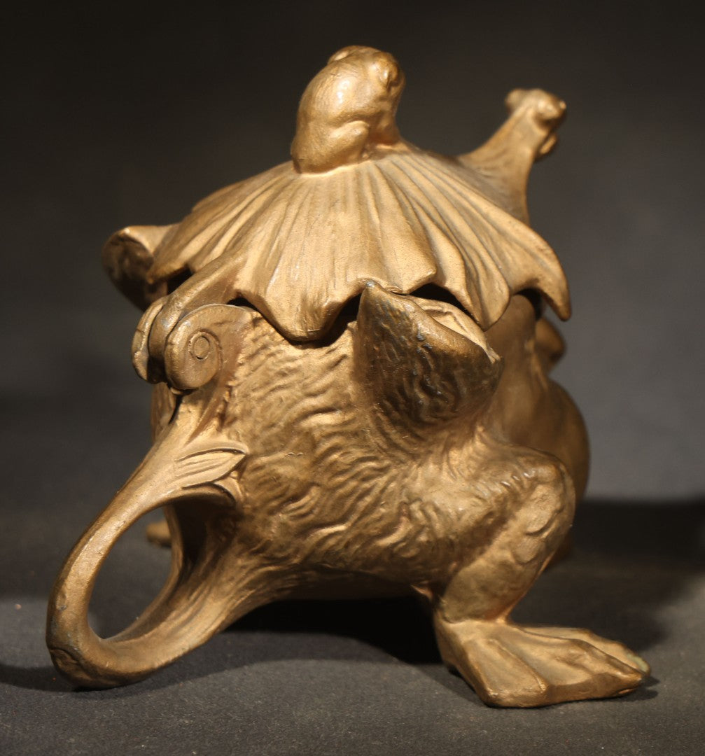 Vintage Reproduction Cast Metal Imp Inkwell and Pen Rest with Bat-Wing Lid and Frog Finial, Repainted Gold