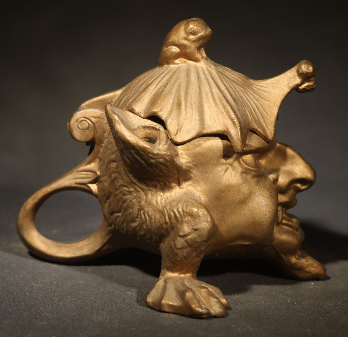 Vintage Reproduction Cast Metal Imp Inkwell and Pen Rest with Bat-Wing Lid and Frog Finial, Repainted Gold