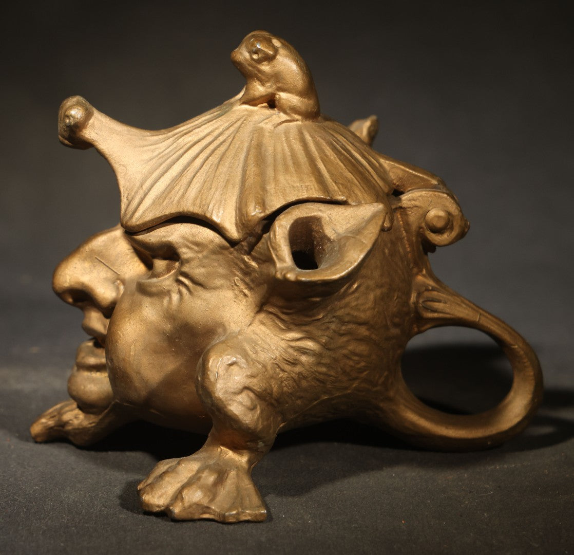 Vintage Reproduction Cast Metal Imp Inkwell and Pen Rest with Bat-Wing Lid and Frog Finial, Repainted Gold