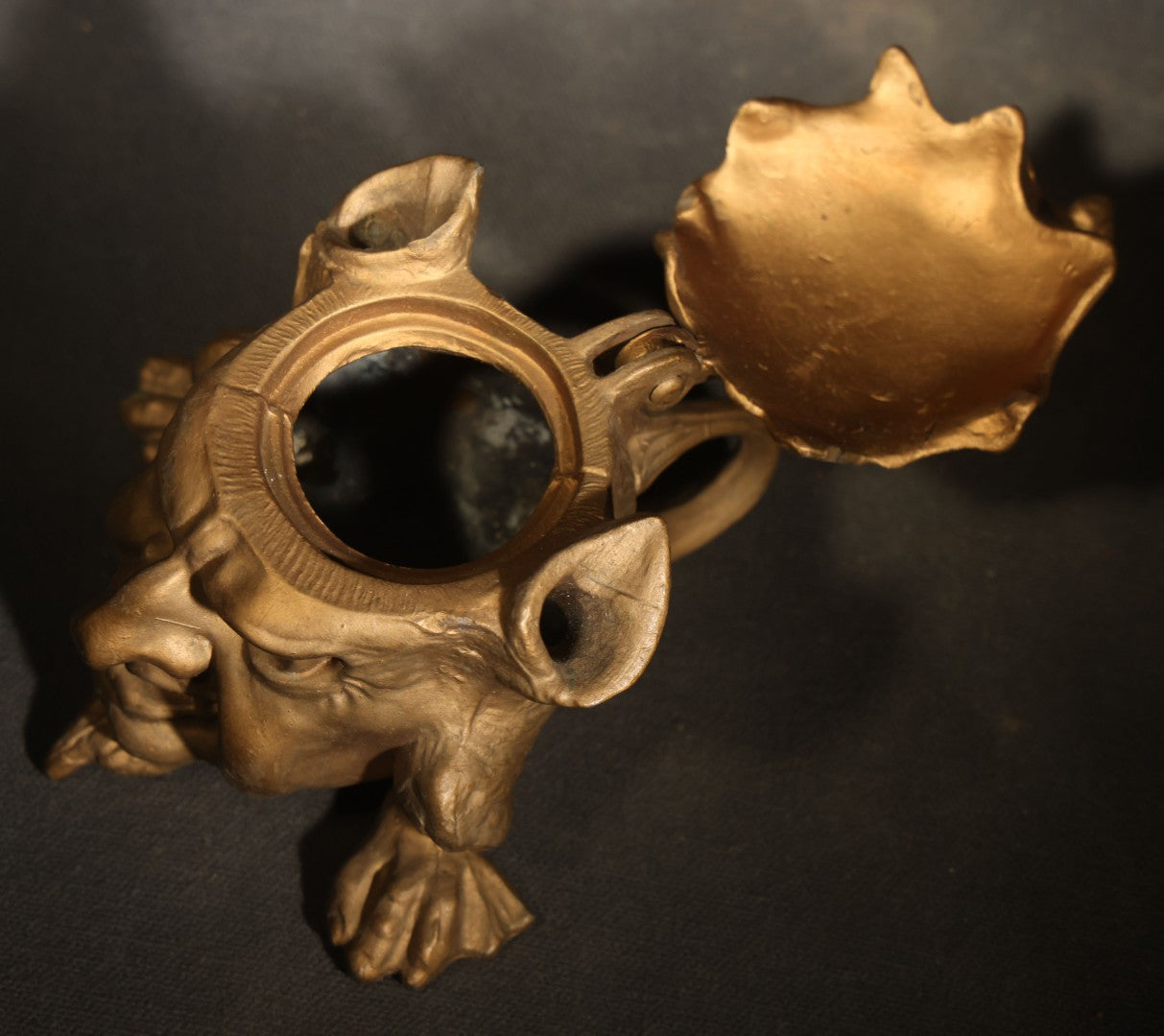 Vintage Reproduction Cast Metal Imp Inkwell and Pen Rest with Bat-Wing Lid and Frog Finial, Repainted Gold